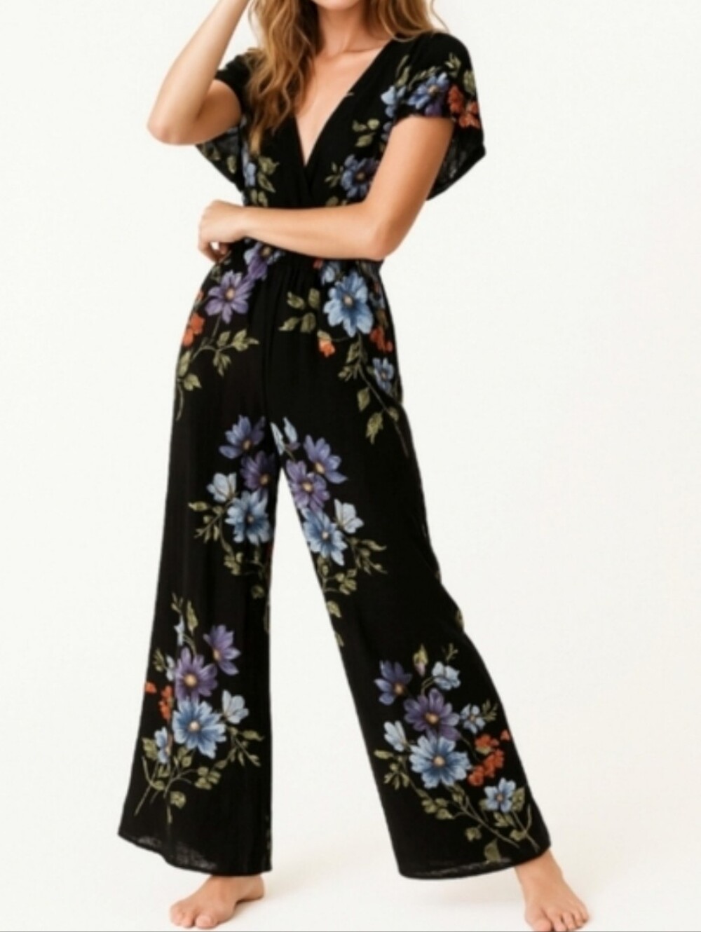 Fall Floral Black Short Sleeve Jumpsuit Purple Rose Red XS